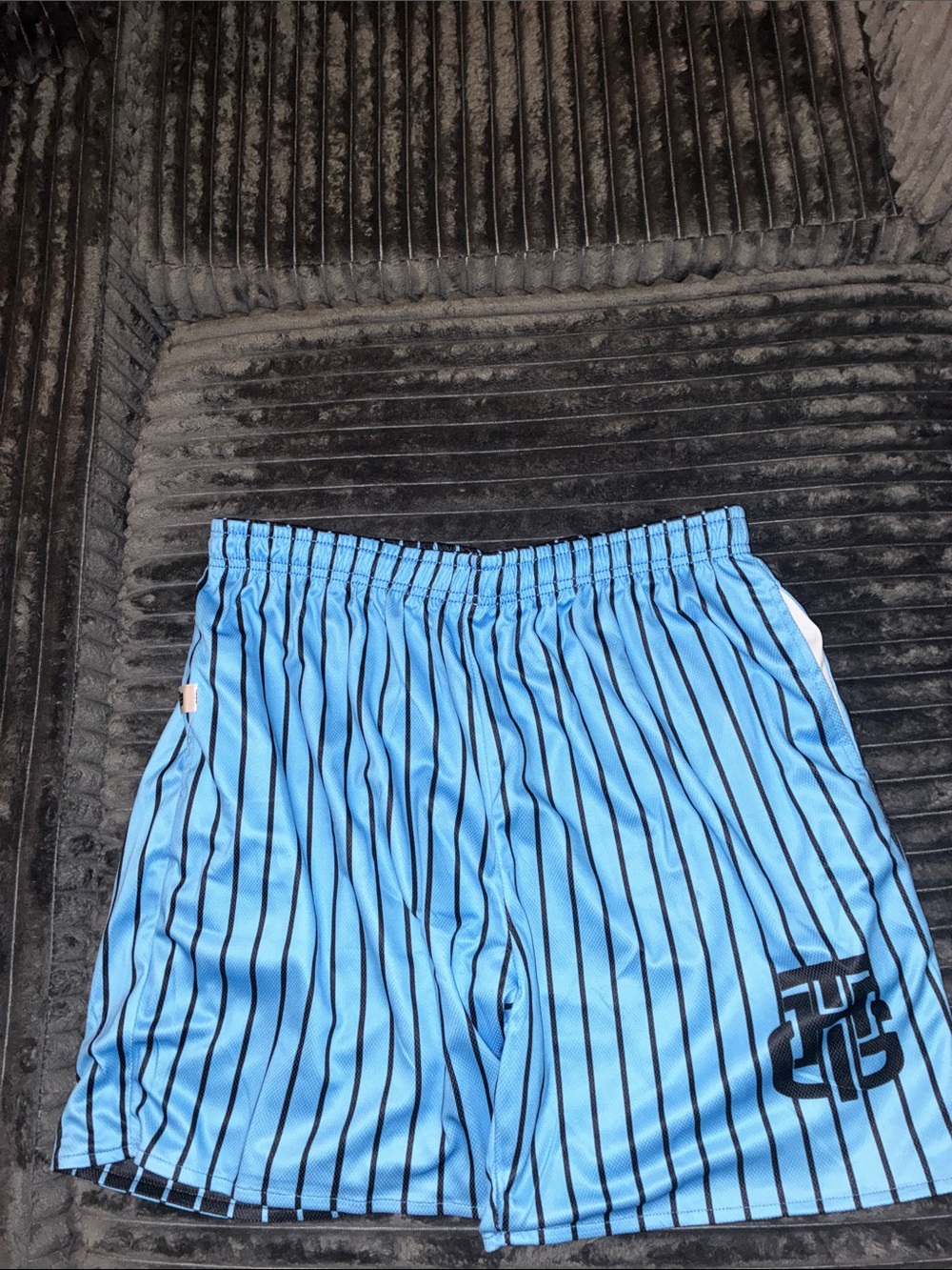 Men's Black Athletic Shorts with Light Blue Pinstripes